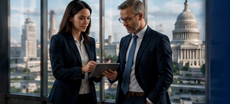 Advisors near the Capitol reviewing a tablet