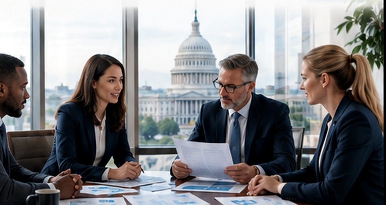 GovCon advisors reviewing federal opportunities near the U.S. Capitol
